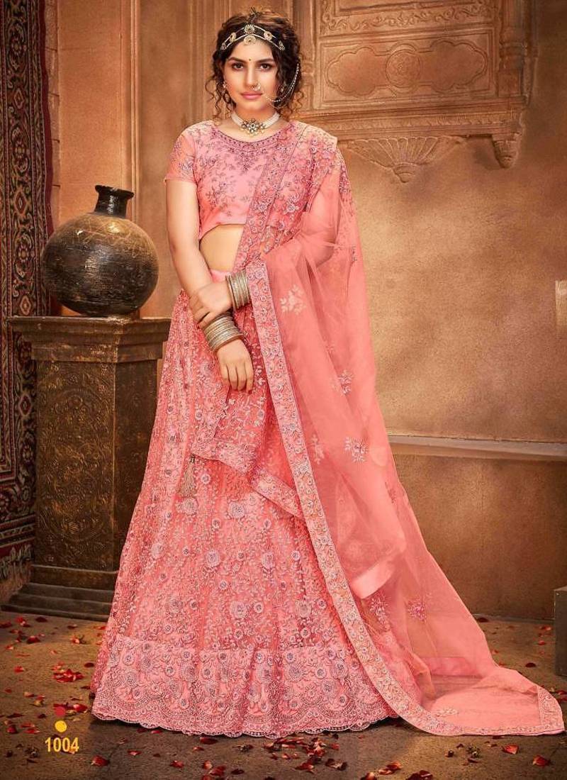 Pink Embroidered Net Semi-Stitched Floral Pattern Lehenga Choli with Dupatta