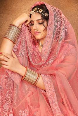 Pink Embroidered Net Semi-Stitched Floral Pattern Lehenga Choli with Dupatta 2