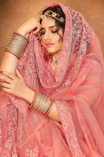Pink Embroidered Net Semi-Stitched Floral Pattern Lehenga Choli with Dupatta