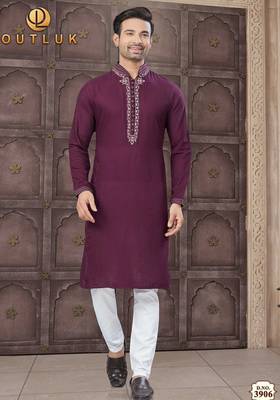 Purple embroidered cotton kurta set for men 1