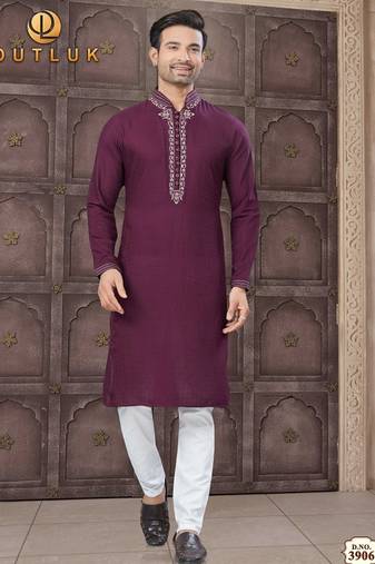 Purple embroidered cotton kurta set for men