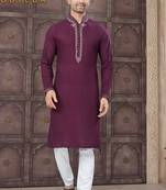 Purple embroidered cotton kurta set for men