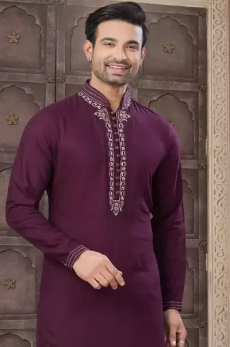 Purple embroidered cotton kurta set for men