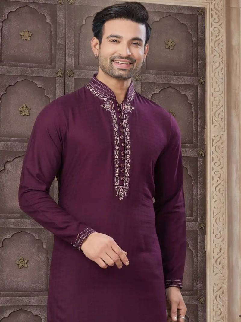 Purple embroidered cotton kurta set for men