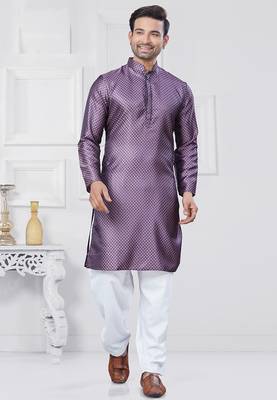 Purple woven jacquard silk blend kurta pyjama set for men 1