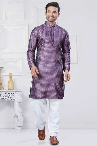 Purple woven jacquard silk blend kurta pyjama set for men