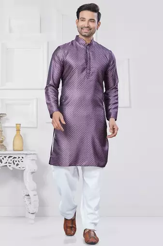 Purple woven jacquard silk blend kurta pyjama set for men