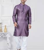 Purple woven jacquard silk blend kurta pyjama set for men