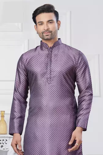 Purple woven jacquard silk blend kurta pyjama set for men