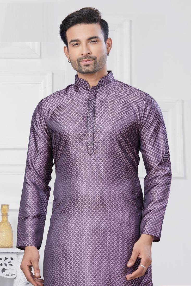 Purple woven jacquard silk blend kurta pyjama set for men