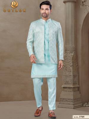 Blue position printed silk kurta pajama set with jacquard silk jacket for men 1