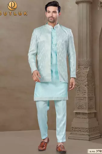 Blue position printed silk kurta pajama set with jacquard silk jacket for men