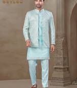 Blue position printed silk kurta pajama set with jacquard silk jacket for men