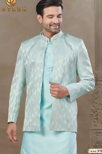 Blue position printed silk kurta pajama set with jacquard silk jacket for men