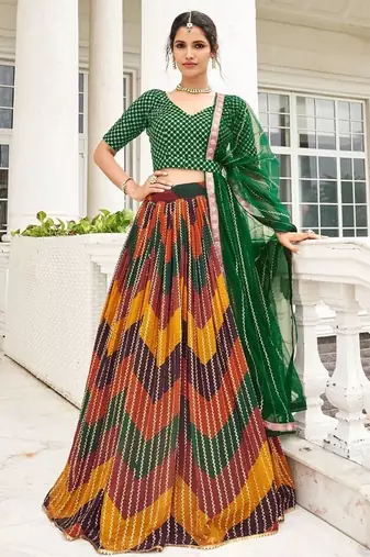 Green Printed Embroidered Silk Semi-Stitched Lehenga Choli with Dupatta