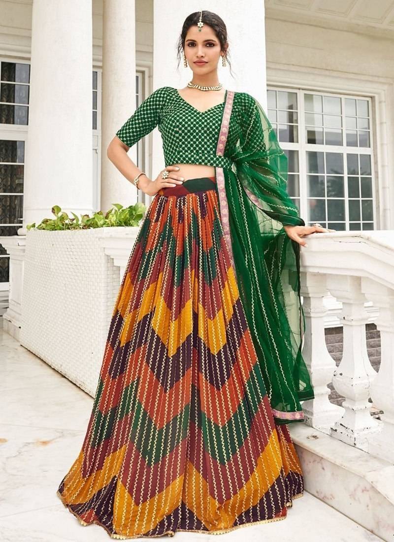 Green Printed Embroidered Silk Semi-Stitched Lehenga Choli with Dupatta