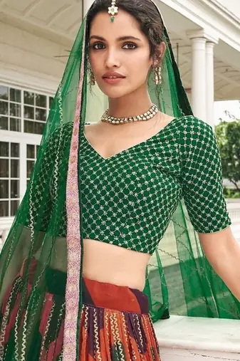 Green Printed Embroidered Silk Semi-Stitched Lehenga Choli with Dupatta
