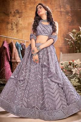 Lilac Embroidered Net Semi-Stitched Chevron Pattern Lehenga Choli with Dupatta 1