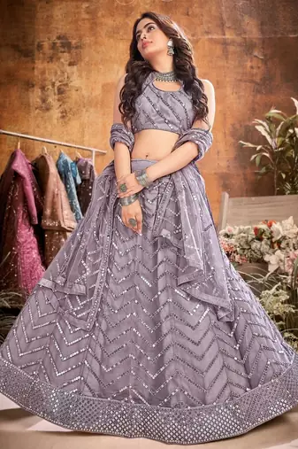 Lilac Embroidered Net Semi-Stitched Chevron Pattern Lehenga Choli with Dupatta