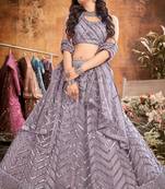 Lilac Embroidered Net Semi-Stitched Chevron Pattern Lehenga Choli with Dupatta