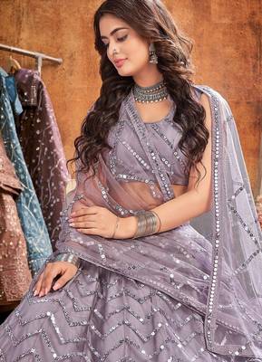Lilac Embroidered Net Semi-Stitched Chevron Pattern Lehenga Choli with Dupatta 2