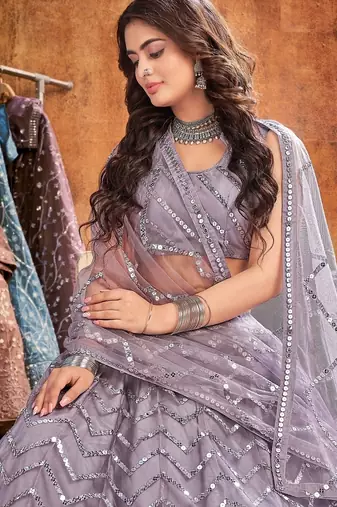 Lilac Embroidered Net Semi-Stitched Chevron Pattern Lehenga Choli with Dupatta