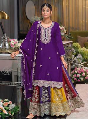 Purple multi thread jari & sequin embroidered heavy chinon free size stitched lehenga suit set with lehenga 1