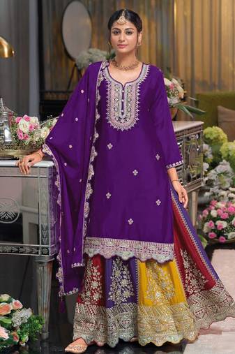 Purple multi thread jari & sequin embroidered heavy chinon free size stitched lehenga suit set with lehenga