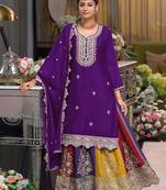 Purple multi thread jari & sequin embroidered heavy chinon free size stitched lehenga suit set with lehenga
