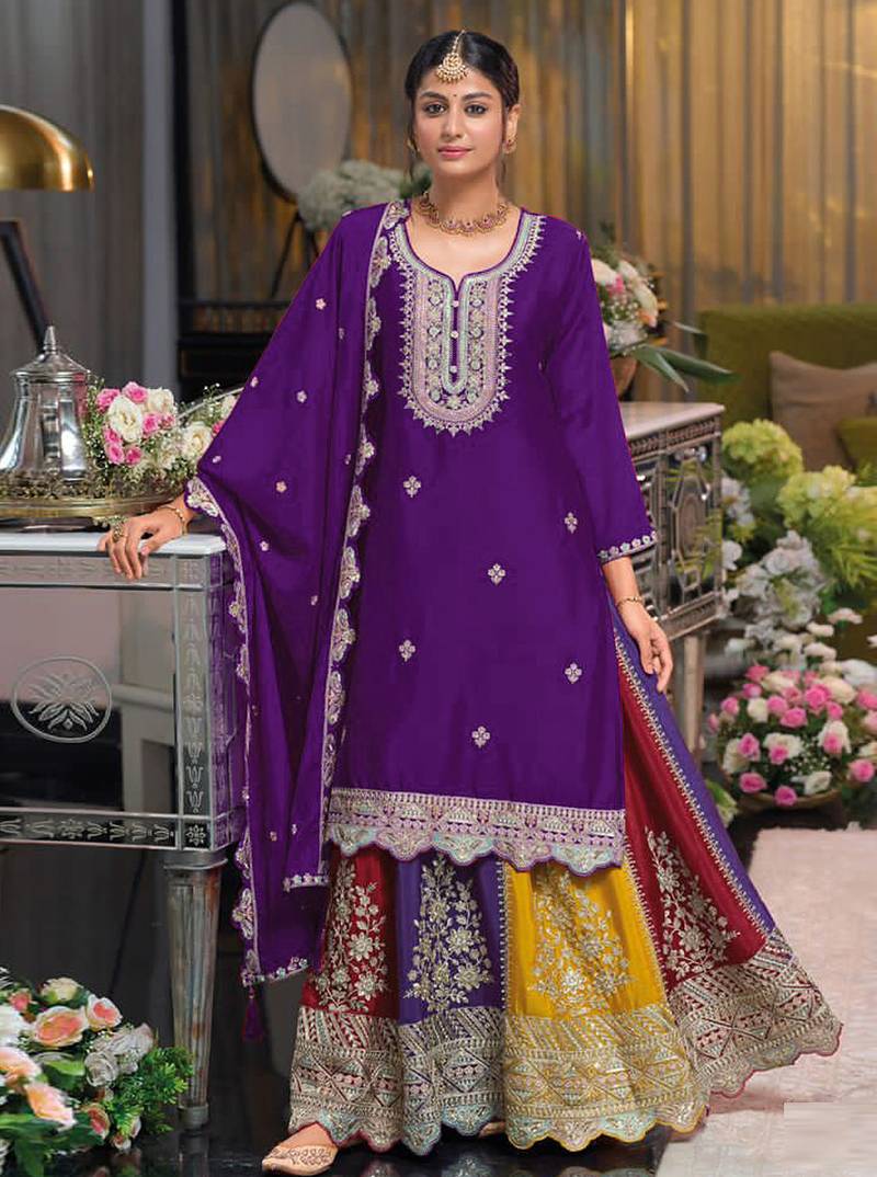 Purple multi thread jari & sequin embroidered heavy chinon free size stitched lehenga suit set with lehenga