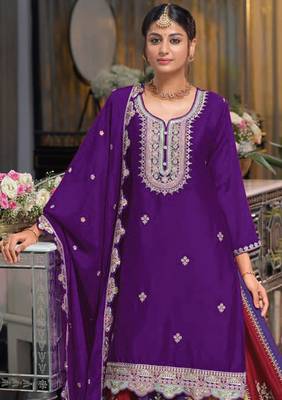 Purple multi thread jari & sequin embroidered heavy chinon free size stitched lehenga suit set with lehenga 2
