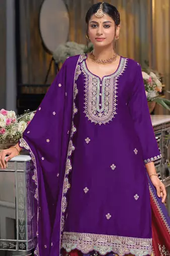 Purple multi thread jari & sequin embroidered heavy chinon free size stitched lehenga suit set with lehenga