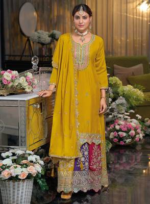 Yellow multi thread jari & sequin embroidered heavy chinon free size stitched lehenga suit set with lehenga 1