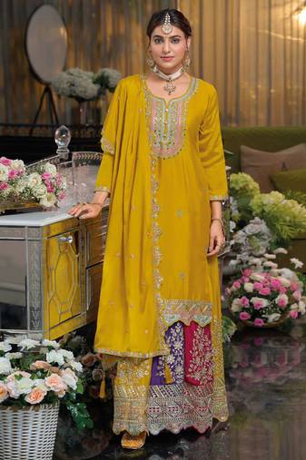 Yellow multi thread jari & sequin embroidered heavy chinon free size stitched lehenga suit set with lehenga