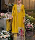 Yellow multi thread jari & sequin embroidered heavy chinon free size stitched lehenga suit set with lehenga