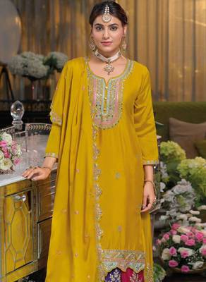 Yellow multi thread jari & sequin embroidered heavy chinon free size stitched lehenga suit set with lehenga 2
