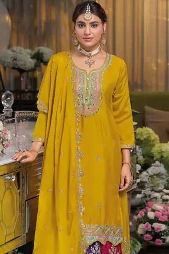 Yellow multi thread jari & sequin embroidered heavy chinon free size stitched lehenga suit set with lehenga