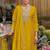 Yellow multi thread jari & sequin embroidered heavy chinon free size stitched lehenga suit set with lehenga
