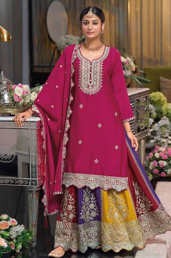 Magenta multi thread jari & sequin embroidered heavy chinon free size stitched lehenga suit set with lehenga
