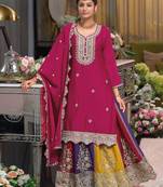 Magenta multi thread jari & sequin embroidered heavy chinon free size stitched lehenga suit set with lehenga