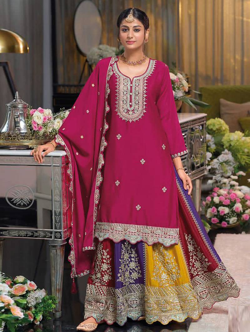 Magenta multi thread jari & sequin embroidered heavy chinon free size stitched lehenga suit set with lehenga