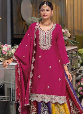 Magenta multi thread jari & sequin embroidered heavy chinon free size stitched lehenga suit set with lehenga 2