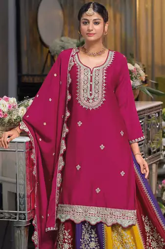 Magenta multi thread jari & sequin embroidered heavy chinon free size stitched lehenga suit set with lehenga