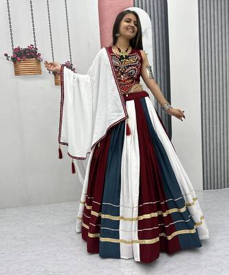 Multicolor Pur Rayon Cotton Navratri Lehenga Choli with 6 Meter Flair and Real Mirror Work 1