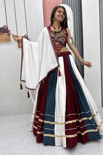 Multicolor Pur Rayon Cotton Navratri Lehenga Choli with 6 Meter Flair and Real Mirror Work