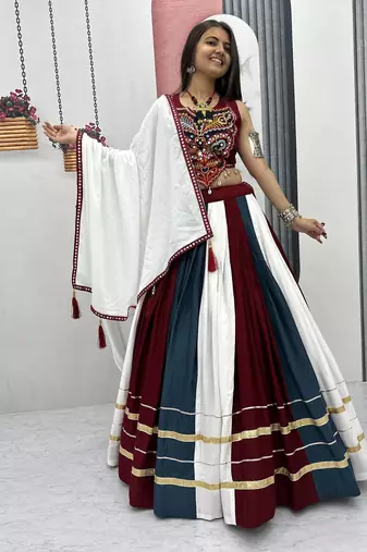 Multicolor Pur Rayon Cotton Navratri Lehenga Choli with 6 Meter Flair and Real Mirror Work