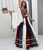 Multicolor Pur Rayon Cotton Navratri Lehenga Choli with 6 Meter Flair and Real Mirror Work