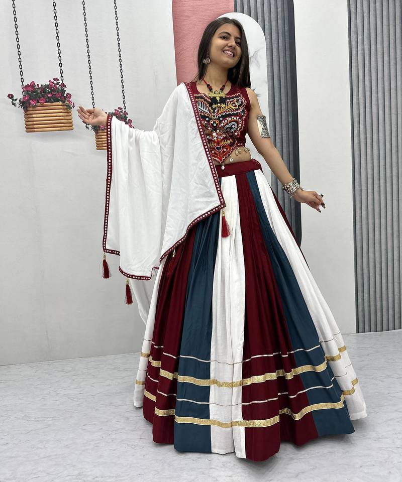 Multicolor Pur Rayon Cotton Navratri Lehenga Choli with 6 Meter Flair and Real Mirror Work