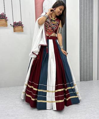 Multicolor Pur Rayon Cotton Navratri Lehenga Choli with 6 Meter Flair and Real Mirror Work 2