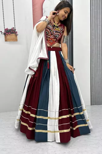 Multicolor Pur Rayon Cotton Navratri Lehenga Choli with 6 Meter Flair and Real Mirror Work